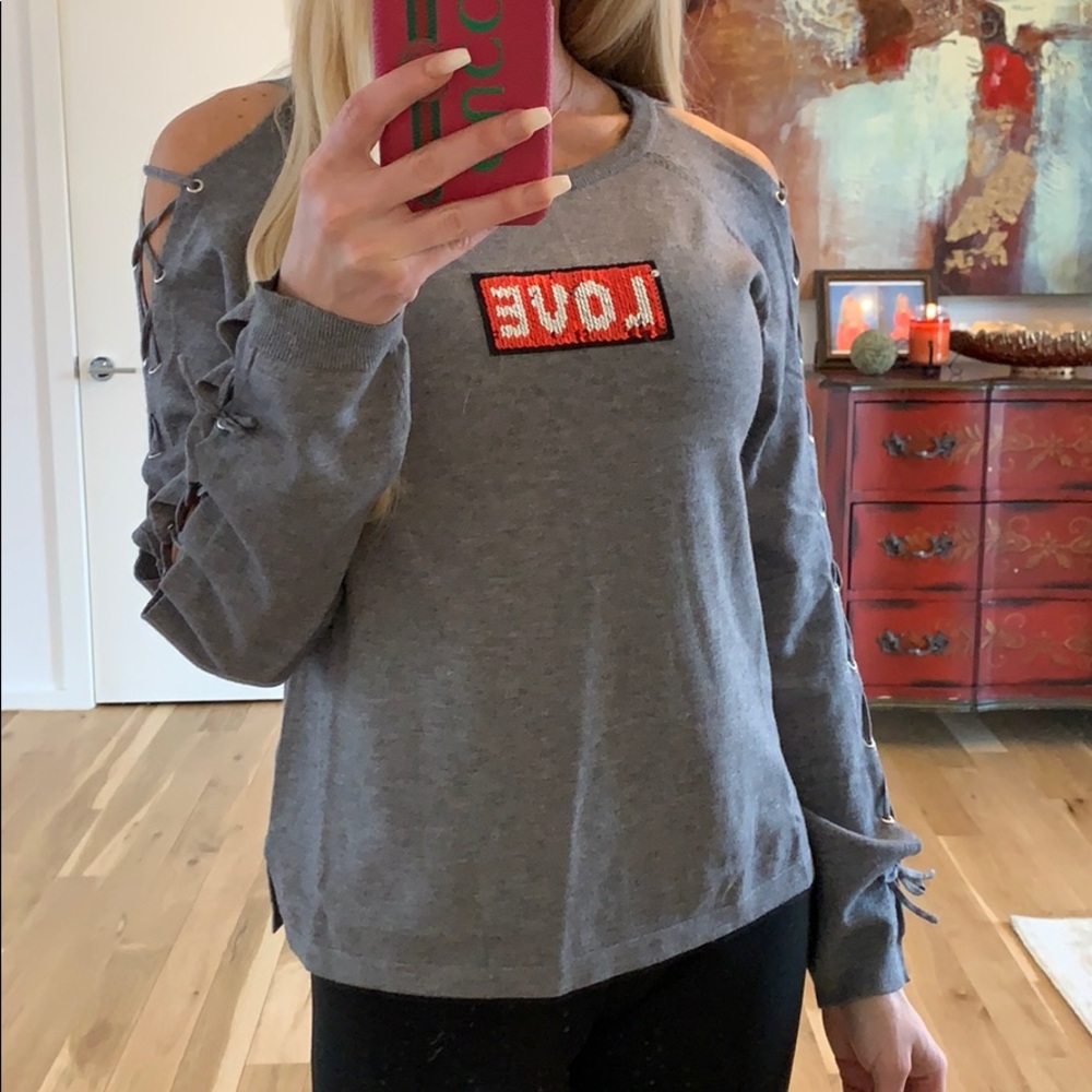 Lace-Up Sleeve Love Patch Sweater - Picture 2 of 8